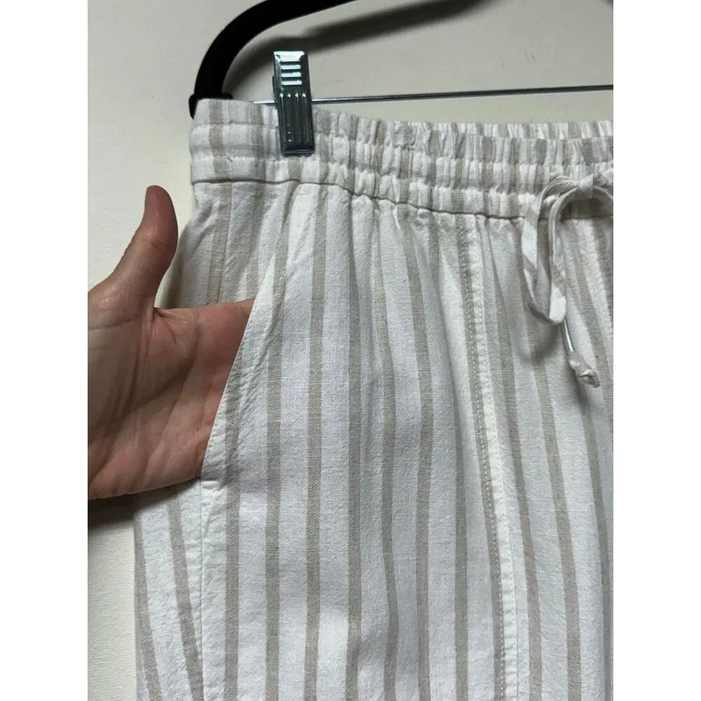 J. CREW Tan/Ivory Drawstring Linen/Cotton Elastic Waist Pants, Sz MT